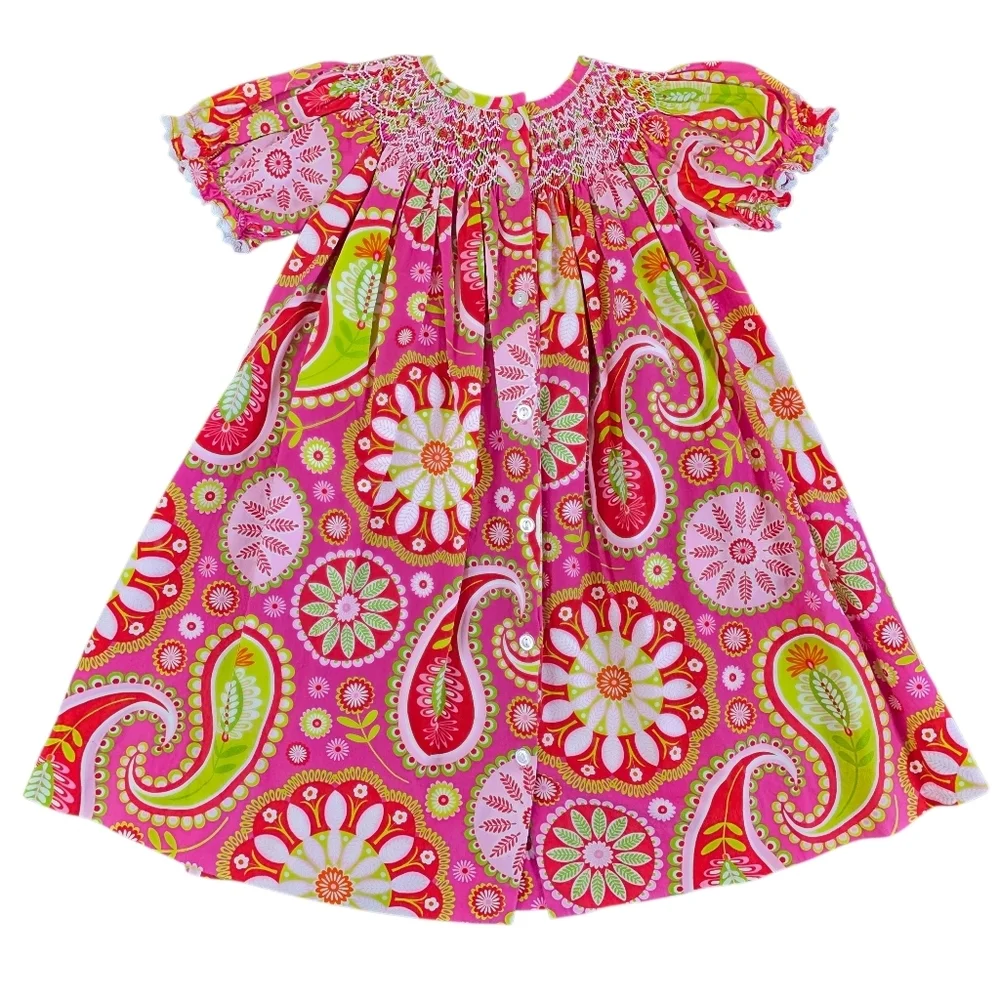 Three Sisters Smocked Floral Paisley Dress Girls 3T Pink Green 100% Cotton